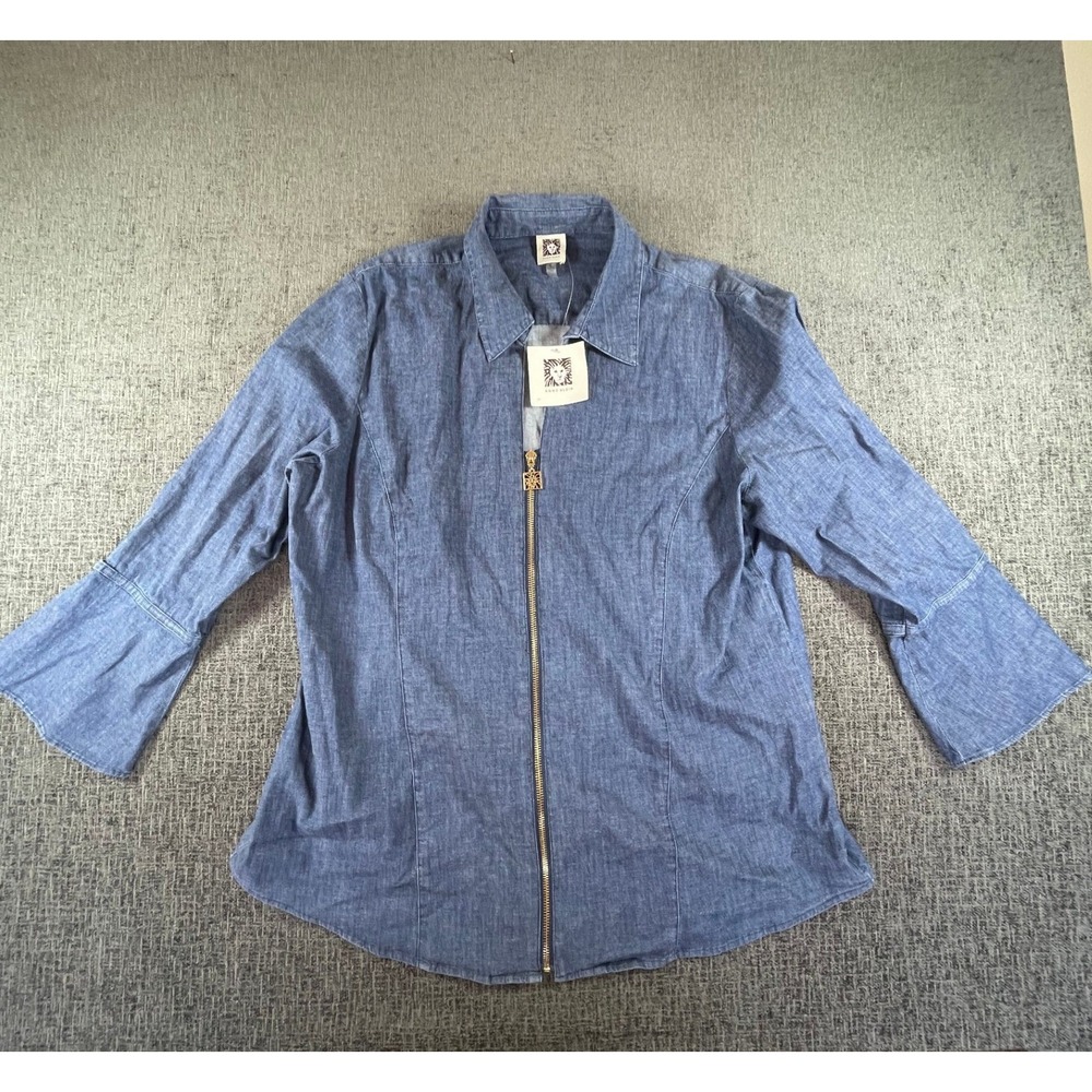Anne Klein Womens XL Blue Chambray Zip Front 3/4 Bell Sleeve Top NWT